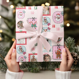 Gepersonaliseerde Kerstfoto Roze Vakantie Fa La La Cadeaupapier
