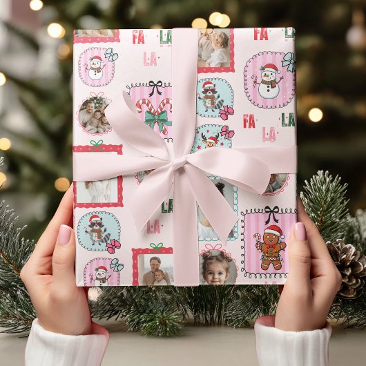 Gepersonaliseerde Kerstfoto Roze Vakantie Fa La La Cadeaupapier