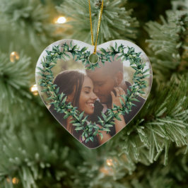Gepersonaliseerde kerstfoto voor het eerst gehuwd keramisch ornament