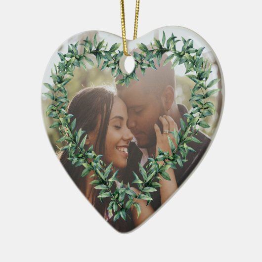 Gepersonaliseerde kerstfoto voor het eerst gehuwd keramisch ornament (Links)