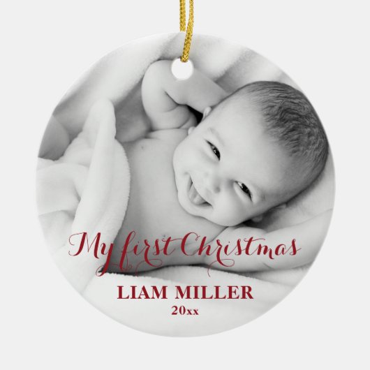 Gepersonaliseerde kerstfotoversiering voor baby's keramisch ornament (Voorkant)