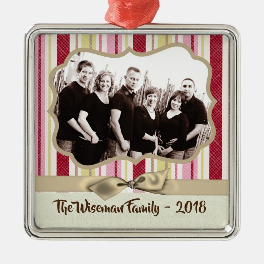 Gepersonaliseerde kerstgestripte Wrap PHOTO-versie Metalen Ornament (Voorkant)