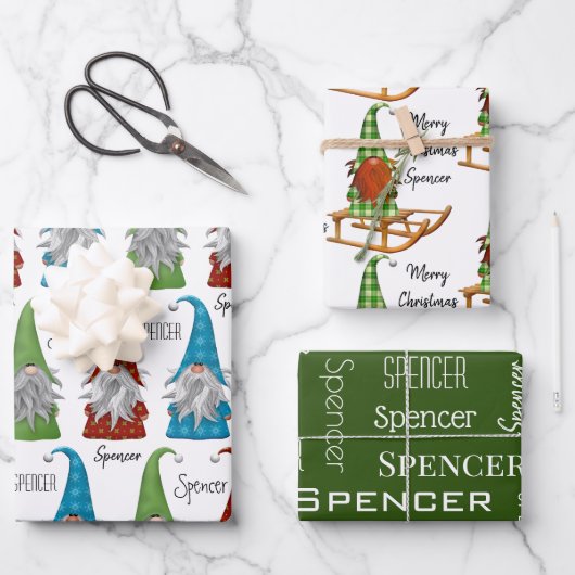 Gepersonaliseerde kerstgnomen inpakpapier vel (Voorkant)