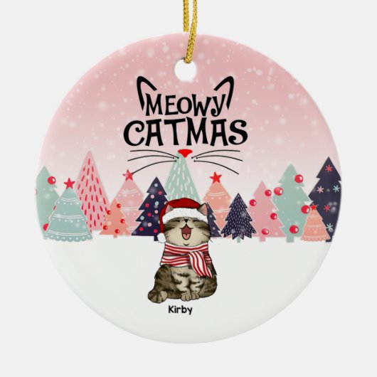 Gepersonaliseerde kerstkerstversiering, Meowy Xmas Keramisch Ornament (Voorkant)