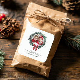 Gepersonaliseerde Kerstkrans met Foto & Naam Vierkante Sticker