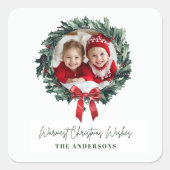 Gepersonaliseerde Kerstkrans met Foto & Naam Vierkante Sticker (Voorkant)