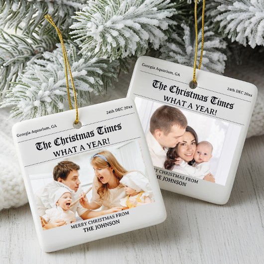 Gepersonaliseerde Kerstkrant Dubbele Foto Keramisch Ornament