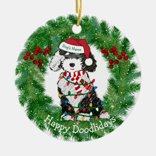 Gepersonaliseerde kerstlampjes Sheepadoodle Keramisch Ornament (Voorkant)