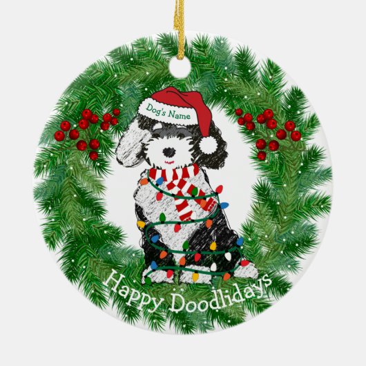 Gepersonaliseerde kerstlampjes Sheepadoodle Keramisch Ornament (Achterkant)