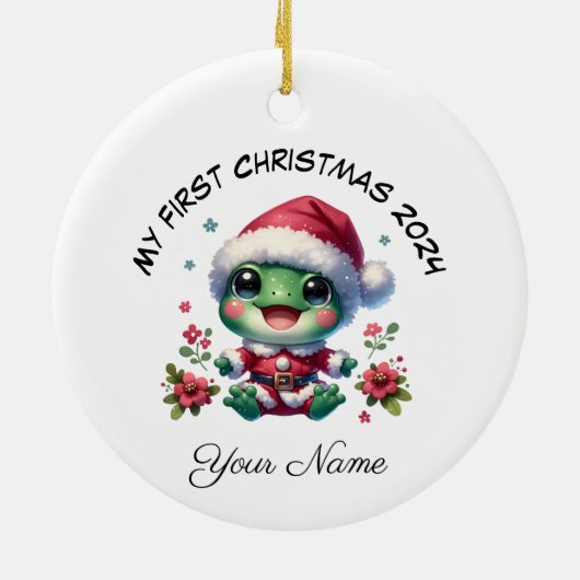 Gepersonaliseerde Kerstman Kikker Eerste Kerstmis Keramisch Ornament (Achterkant)