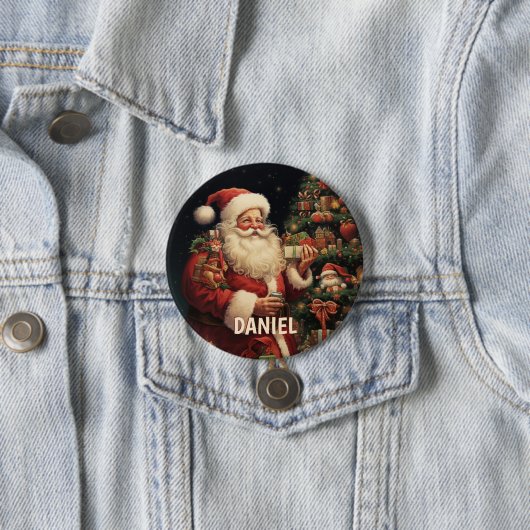 Gepersonaliseerde  Kerstman Naam Ronde Button 7,6 Cm (In situ)