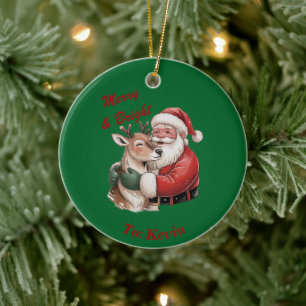 Gepersonaliseerde Kerstman & Rendier Knuffel Kerst Keramisch Ornament