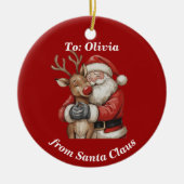 Gepersonaliseerde Kerstman & Rendier Knuffel Kerst Keramisch Ornament (Voorkant)