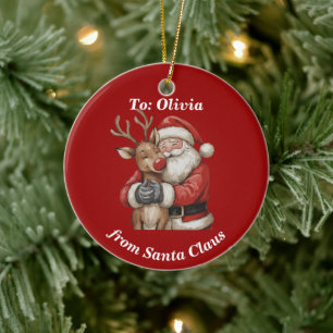 Gepersonaliseerde Kerstman & Rendier Knuffel Kerst Keramisch Ornament