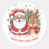 Gepersonaliseerde Kerstman & Rendier Waterverf Ker Ronde Sticker (Voorkant)