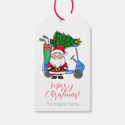 Gepersonaliseerde Kerstmis Golf Cart Santa Tree Cadeaulabel (Voorkant)