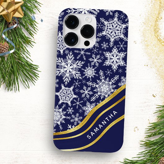 Gepersonaliseerde Kerstmis Navy Blauw Goud Sneeuwv Case-Mate iPhone Case