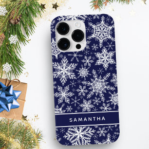 Gepersonaliseerde Kerstmis Navy Blauw Wit Sneeuwvl Case-Mate iPhone 14 Pro Max Hoesje