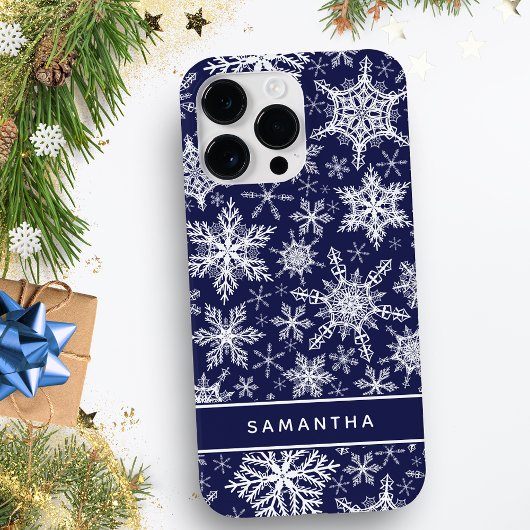 Gepersonaliseerde Kerstmis Navy Blauw Wit Sneeuwvl Case-Mate iPhone Case