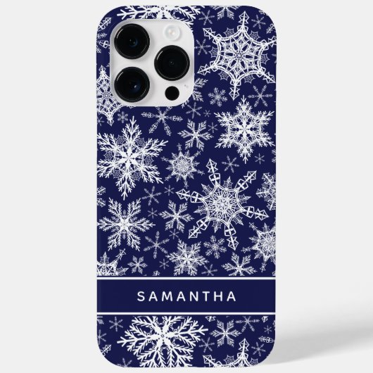 Gepersonaliseerde Kerstmis Navy Blauw Wit Sneeuwvl Case-Mate iPhone Case (Achterkant)