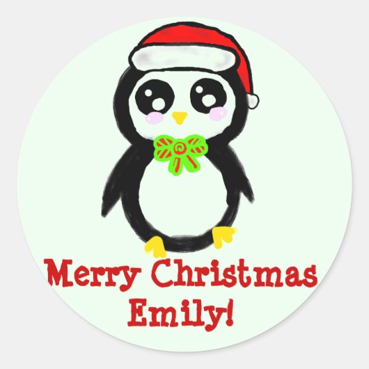 Gepersonaliseerde Kerstmis Pinguïn Ronde Sticker (Voorkant)