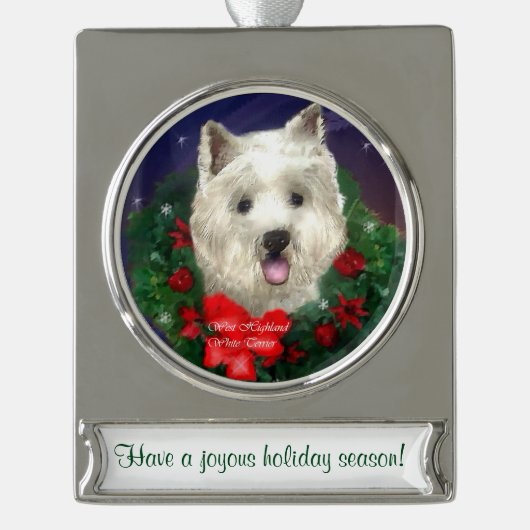 Gepersonaliseerde kerstmis Westie Verzilverd Banner Ornament (Voorkant)