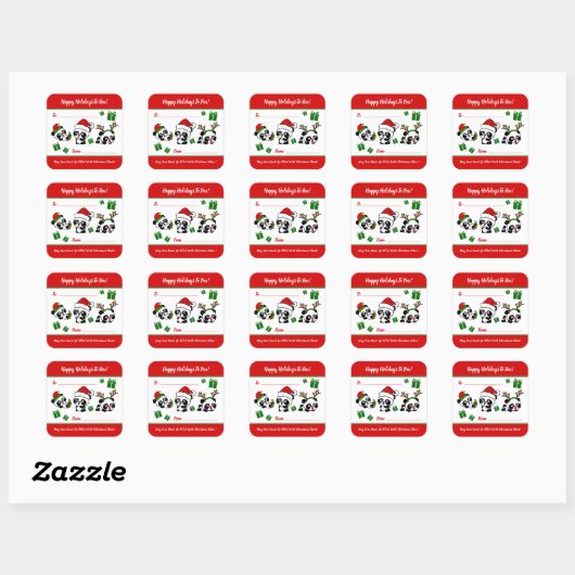 Gepersonaliseerde kerstpanda's vierkante sticker (Vel)