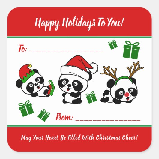 Gepersonaliseerde kerstpanda's vierkante sticker (Voorkant)