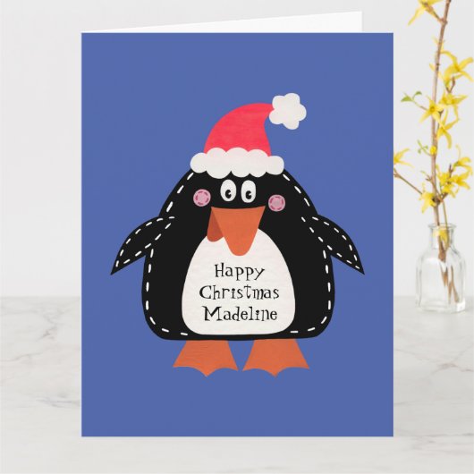 Gepersonaliseerde kerstpinguïn kaart (Gele Bloem)