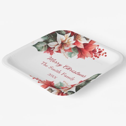 Gepersonaliseerde kerstpoinsettia bloemen papieren bordje (Gebogen)