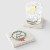 Gepersonaliseerde kerstreuze blauwe bessen stenen onderzetter (Zijkant)