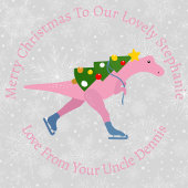 Gepersonaliseerde kerstschaatsroze dinosaur cadeaupapier