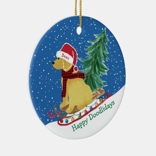 Gepersonaliseerde kerstsnuitsnede Goldendoedel Keramisch Ornament (Rechts)