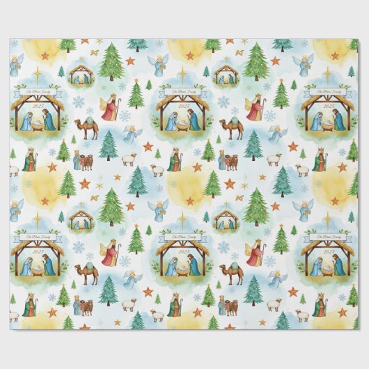 Gepersonaliseerde kerststal cadeaupapier (Vlak)