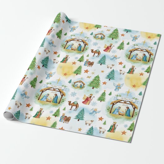 Gepersonaliseerde kerststal cadeaupapier (Uitgerold)