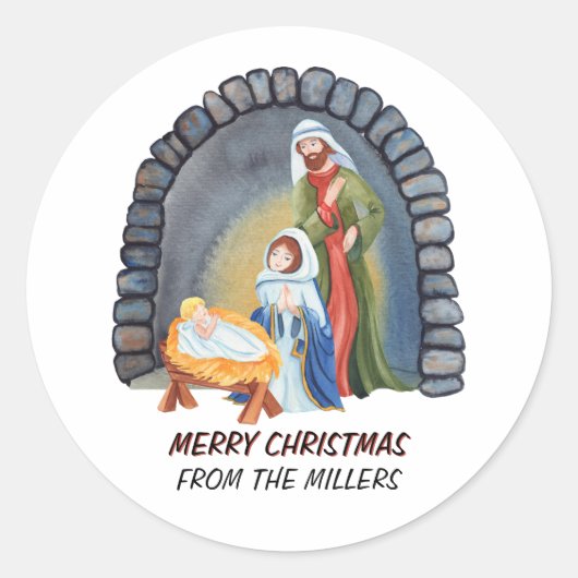 Gepersonaliseerde kerststal Nativity Manger Ronde Sticker (Voorkant)