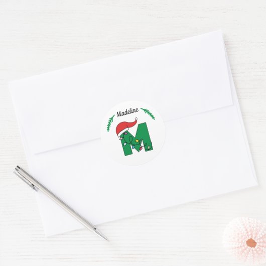Gepersonaliseerde kerstverlichting Initiaal Sticke Ronde Sticker (Envelop)