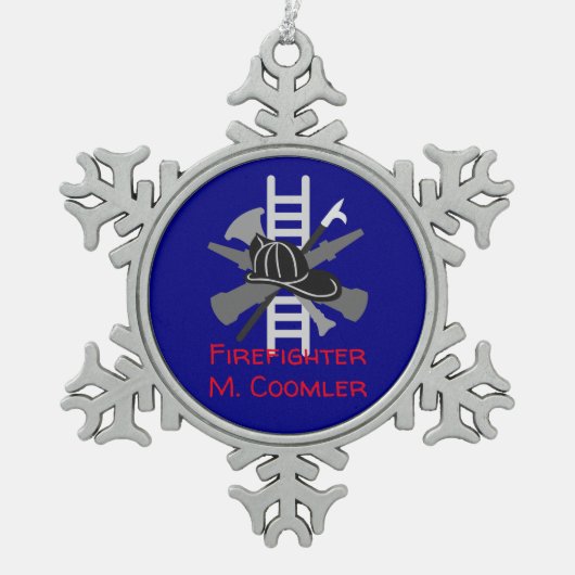 Gepersonaliseerde kerstversiering brandweerman tin sneeuwvlok ornament (Voorkant)