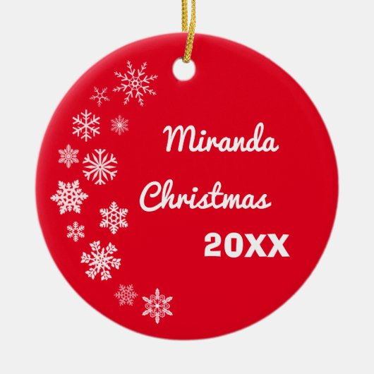 Gepersonaliseerde kerstversiering met sneeuwvlokke keramisch ornament (Voorkant)