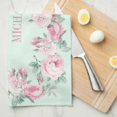 Gepersonaliseerde keukenhanddoekroze mint floral theedoek (Quarter Fold)