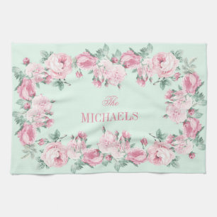 Gepersonaliseerde keukenhanddoekroze mint floral theedoek