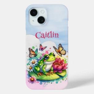 Gepersonaliseerde kikker, bloemen en vlinders iPhone 15 case