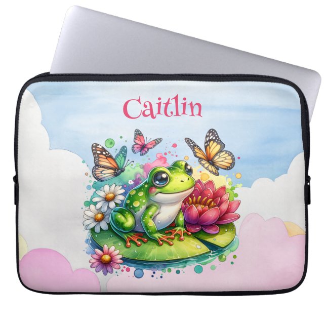 Gepersonaliseerde kikker, bloemen en vlinders laptop sleeve (Voorkant)