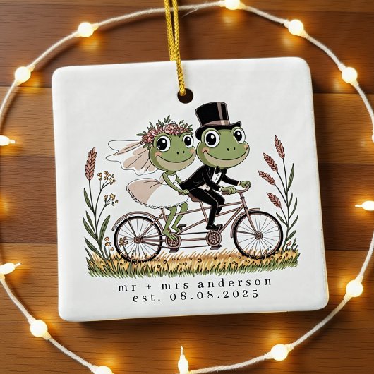 Gepersonaliseerde kikkers op een fiets Huwelijk Keramisch Ornament