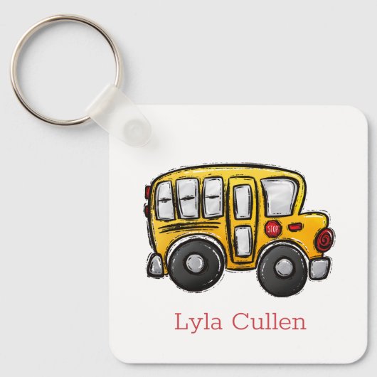Gepersonaliseerde kind rugzak Label schoolbus Sleutelhanger (Voorkant)