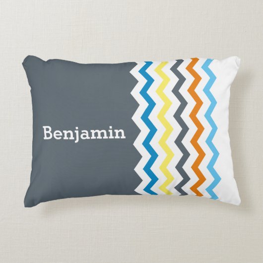Gepersonaliseerde Kinder Chevron Grey Blue Oranje  Accent Kussen (Voorkant)