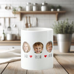 Gepersonaliseerde Kinder foto Mok met namen en har<br><div class="desc">Begin je ochtend met een glimlach! Deze schattige aangepaste foto-mok is voorzien van drie kinderen foto's in combinatie met hun namen en lieve rode hart iconen, het creëren van een hartverwarmend en persoonlijk ontwerp. Perfect als een geschenk voor ouders, grootouders of geliefden, deze gepersonaliseerde mok is een dagelijkse herinnering aan...</div>