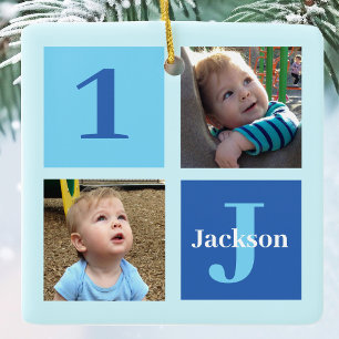 Gepersonaliseerde Kinder fotocollage blauw kerstfe Keramisch Ornament
