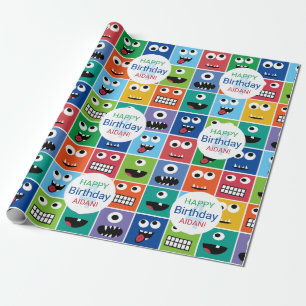 Gepersonaliseerde Kinder Monster Verjaardagsfeestj Cadeaupapier
