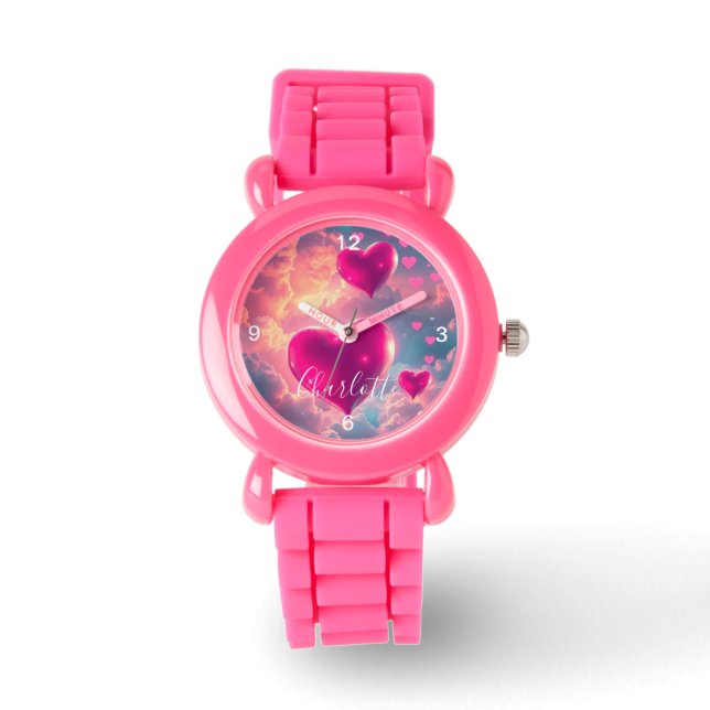 Gepersonaliseerde Kinder roze band met roze harten Horloge (Voorkant)